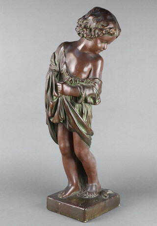 A Victorian earthenware figure of a young girl looking at a fish at her feet on a square base 69cm no.450 