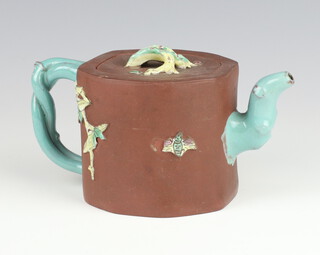 A tanware and enamelled teapot and lid with rustic handle and impressed character mark to base and lid 11cm 