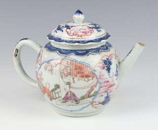 An 18th Century Chinese famille rose export globular shaped teapot decorated with figures on pavilion terraces, the lid with landscape vignettes 15cm 