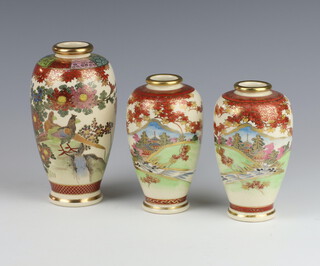 A pair of 20th Century Satsuma oviform vases decorated with landscape views 12cm, a ditto decorated with birds and flowers 15cm 