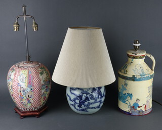 An antique style Chinese blue and white baluster table lamp decorated with figures 20cm, a ditto in the famille rose manner decorated with figures 30cm and a Persian style ditto decorated with figures on horseback 36cm 