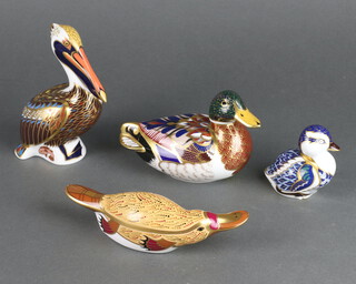 Four Royal Crown Derby Imari pattern paperweights Brown Pelican 13cm, Duck 9cm, Duckling 6cm and Duck billed platypus 16cm all silver stoppers