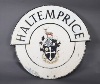 A 1950's cast aluminium and enamelled circular boundary sign for Haltemprice, 87cm x 91cm (Haltemprice Urban District Council was created in April 1935 as a result of the Local Government Review Order. It was formed out of the former Cottingham and Hessle Urban Districts and part of Sculcoates Rural District. The Council functioned until it was disbanded under Local Government reorganisation in March 1974 following the Local Government Act 1972)