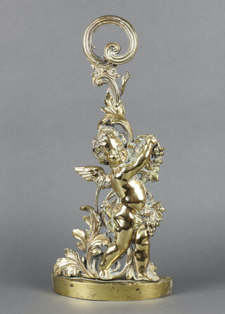 A 19th Century polished brass door stop in the form of a standing cherub raised on a crescent shaped base 49cm h x 21cm w x 6cm d 