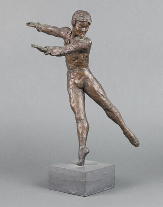 A bronze figure of Rudolph Nureyev?, raised on a square marble base 36cm h x 11cm 