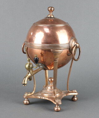 A Regency copper tea urn raised on 4 hoof supports with triform base 30cm x 18cm 