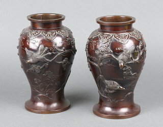 A pair of 19th Century Japanese bronze vases decorated birds amidst branches 20cm h x 10cm diam. 