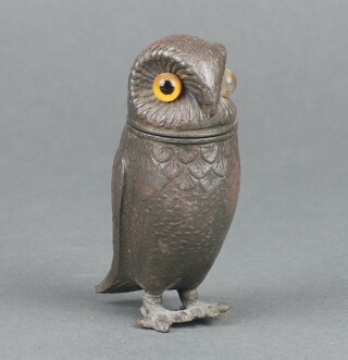 A 19th Century "antimony" pepperette in the form of an owl with hardstone eyes 8cm