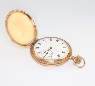 A gentleman's gold plated hunter pocket watch with seconds at 6 o'clock contained in a 50mm case 
