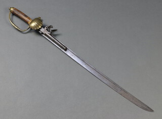 An 18th Century German combined hunting sword with flintlock pistol, the 60cm blade etched a running hound and Papneur (some possible restoration to the blade), having a box lock cannon flintlock pistol to the side with brass shell guard and horn grip, the base of the barrel with crowned HW mark  