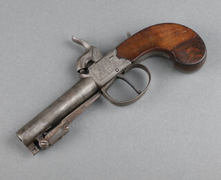 Busby, an 18th/19th Century percussion pocket pistol with 8cm cannon barrel,  sprung loaded bayonet and walnut grip  
