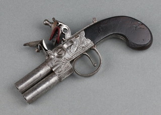 Edward Weston of Lewes, a double barrelled flintlock pistol with 4.5cm barrel, the base of the barrel with crowned H, turnover pan and walnut chequer grip 