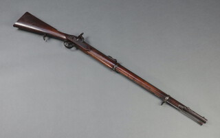 An 1859 two band patent percussion rifle musket, the 84cm barrel with proof mark 2525 with foresight and ram rod  