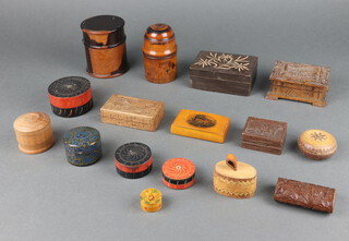 A cylindrical lignum vitae jar and cover 9cm x 8cm, a Victorian turned wooden jar and cover 9cm x 5cm together with 14 various boxes  