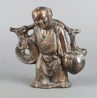 A Japanese bronze figure of a standing gentleman with yoke 18cm x 10cm x 8cm 