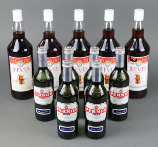Five, one litre bottles of Jeeves Original fruit flavoured alcoholic mixer drink  together with six 35cl bottles of Pernod  