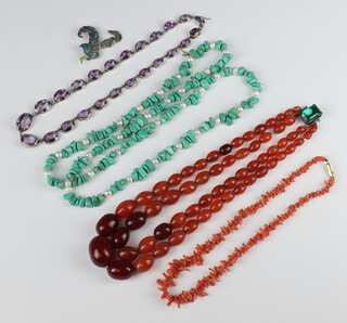 A turquoise and cultured pearl necklace 90cm, an agate double ditto, a coral necklace, an amethyst necklace and an enamelled brooch 