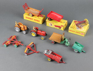 A Dinky 319 Weeks farm trailer boxed, a Dinky 320 Harvest trailer boxed, a Dinky 324 hay rake boxed, a Dinky 301 Field Marshall tractor, ditto Massey Ferguson, a Dinky 27G motocart, 341 trailer and 3 other items of farm machinery  