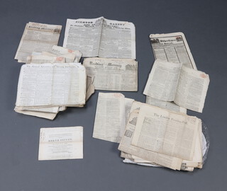 A collection of antique newspapers including The Reading Post April 2nd 1727, Reading Journal September 22nd 1746 and 18th October 1756, The Oxford Gazette 11th April 1857, Reading Mercury 14th April 1857, London Evening Post 1st August 1758, The North Britain 29th December 1764, General Advertiser 3rd June 1777 and other early newspapers 