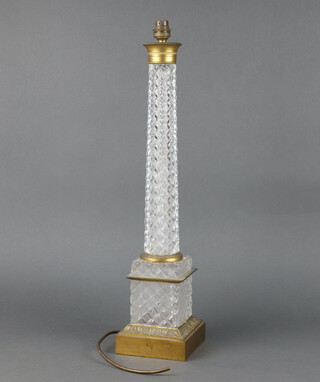 An Empire style hobnail cut glass and gilt metal mounted column table lamp raised on a square base 55cm h x 13cm w x 13cm d 