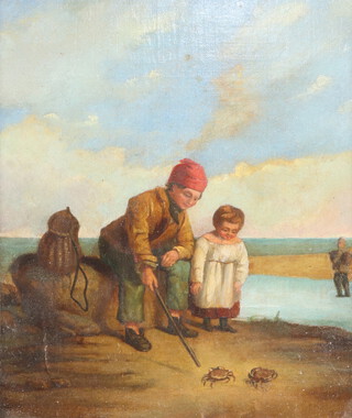 19th Century oil on panel, children on a beach playing with crabs, unsigned, 25cm x 22cm 