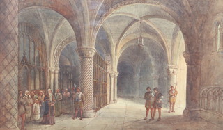 Watercolour indistinctly signed, figures in a crypt, dated 1920 26cm x 43cm 