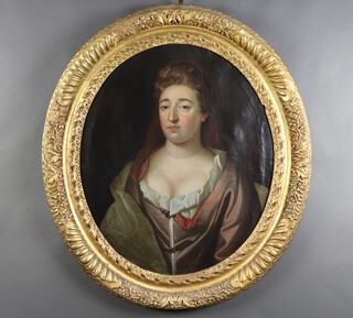 18th Century oil on canvas unsigned, oval portrait of a lady wearing a pink silk dress with white collar 72cm x 60cm 