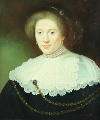 20th Century oil on canvas study of a 17th Century lady wearing a jewelled necklace 60cm x 50cm, contained in a decorative frame 