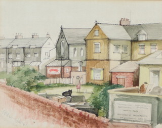 20th Century watercolour indistinctly signed, a view of back gardens and figures 16cm x 20cm 