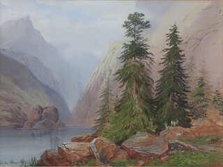 Luc Henri Mottu (1815-1859), watercolour signed, mountainous ravine with goats 14cm x 20cm 