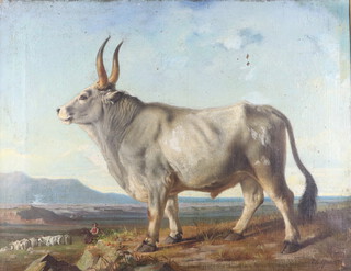 C.M. Gerlach Quaedvlieg, oil on canvas indistinctly signed,  portrait of a standing bull with distant rider, cattle and mountains, inscribed on verso 60cm x 78cm  