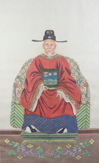 Early 20th Century Chinese ancestor portraits, study of a seated lady and similar of a gentleman 140cm x 75cm 