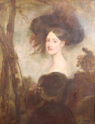 Oil on canvas unsigned, 19th Century portrait of a lady in a garden landscape 106cm x 80cm 