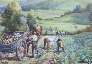 Eva Marsh, watercolour signed "Picking Turnips" 33cm x 46cm 