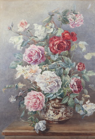 Arthur Perry, watercolour signed, still life vase of flowers, label on verso, 76cm x 54cm 