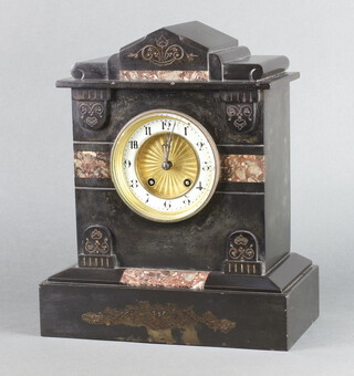A Victorian French 8 day striking mantel clock with enamelled dial and Arabic numerals, contained in a 2 colour marble architectural case 32cm h x 27cm w x 14cm d, complete with pendulum 