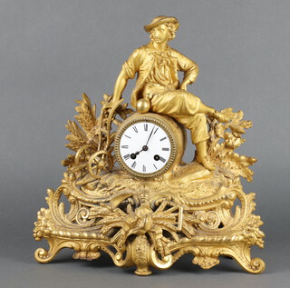 A 19th Century French 8 day mantel clock with enamelled dial and Roman numerals contained in a gilt spelter case surmounted by a figure of a resting gardner complete with pendulum (no key), the back of the case marked 2 PH.Mourey 77 40cm h x 38cm w x 10cm d  