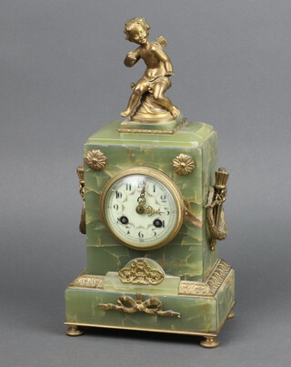 A 19th Century French 8 day, striking mantel clock with 8cm enamelled floral dial, Roman numerals, contained in an onyx case surmounted by a gilt figure of a cherub, the back marked 3814, complete with pendulum (no key) 34cm h x 17cm w x 10.5cm d 
