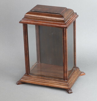 A Georgian style mahogany 4 glass clock display case with caddy top, raised on paw feet 34cm h x 25cm w x 18cm d 