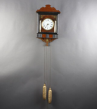 A 19th Century Continental wall clock with 10cm circular enamelled dial contained in a walnut case 41cm x 24cm x 13cm complete with weights but no pendulum 