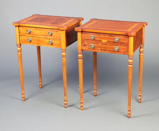 A pair of Georgian style crossbanded mahogany lamp/bedside tables, each fitted 2 drawers, raised on turned and fluted supports 76cm h x 53cm w x 53cm d 