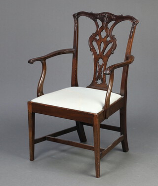 A child's Edwardian Chippendale style carved mahogany open armchair with upholstered drop in seat raised on square tapered supports, H framed stretcher 81cm h x 53cm w x 39cm d (seat 31cm x 26cm) 
