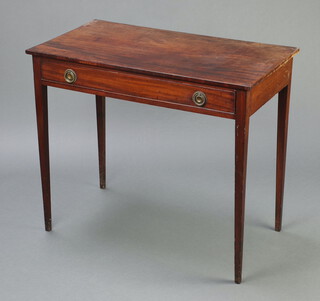 A 19th Century mahogany side table fitted a drawer with replacement ring drop handles, raised on square tapered supports 73cm h x 86cm w x 47cm d 