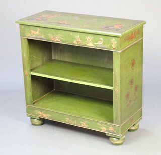 A 1920's style green lacquered chinoiserie style bookcase fitted a shelf, raised on bun feet 78cm h x 79cm w x 35cm d 