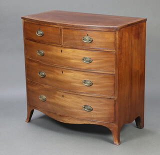 A 19th Century mahogany and crossbanded bow front chest of 2 short and 3 long drawers with replacement oval brass plate handles, raised on bracket feet 98cm h x 100cm w x 53cm d 
