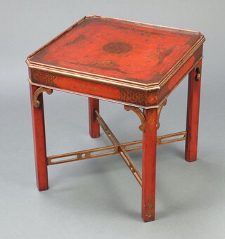 A Regency chinoiserie style square red "laccquered" lamp table on shaped supports with pierced X framed stretcher 56cm h x 51cm w x 51cm d 