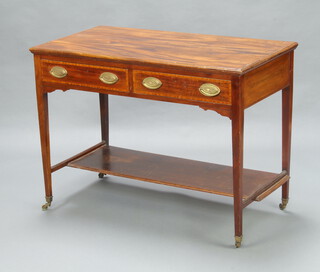 A Victorian crossbanded and inlaid mahogany 2 tier side table fitted 2 frieze drawers, raised on square tapered supports, brass caps and casters 77cm h x 106cm w x 54cm d 
