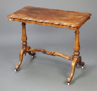 A Victorian rectangular shaped rosewood stretcher table, raised on turned supports with H framed stretcher, ceramic casters 72cm h x 90cm w x 46cm d  