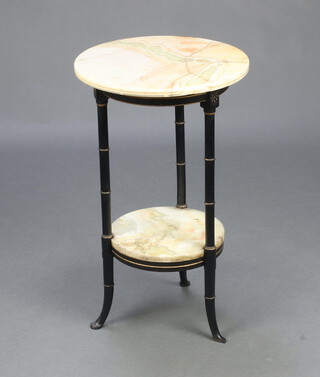 A Victorian green veined marble and ebonised 2 tier occasional table, raised on turned supports 68cm h x 40cm 