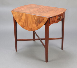 A19th Century oval mahogany Pembroke table fitted a frieze drawer, raised on square tapered supports, X framed stretcher 70cm h x 75cm w x 52cm d 